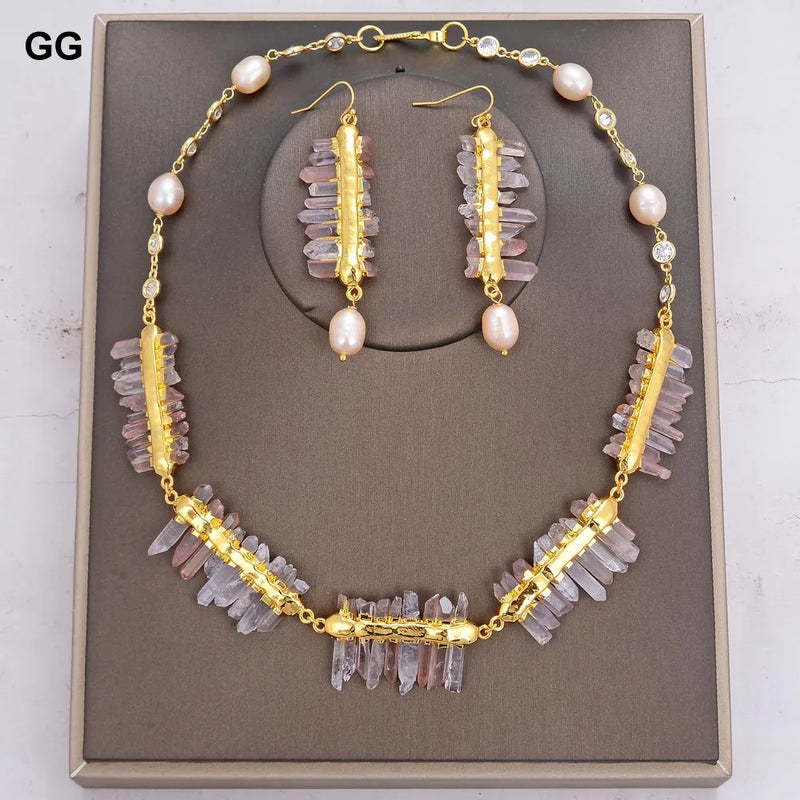 Natural Lepidocrocite Quartz Druzy Pink Pearl Necklace Earrings Set