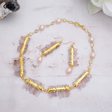 Natural Lepidocrocite Quartz Druzy Pink Pearl Necklace Earrings Set