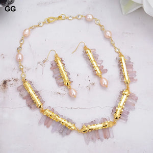 Natural Lepidocrocite Quartz Druzy Pink Pearl Necklace Earrings Set