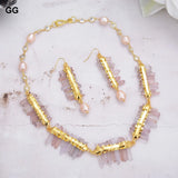 Natural Lepidocrocite Quartz Druzy Pink Pearl Necklace Earrings Set