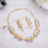 Natural Lepidocrocite Quartz Druzy Pink Pearl Necklace Earrings Set