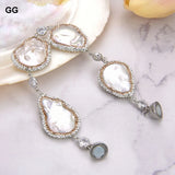Natural Pearl Keshi Coin Pearl Crystal Chain CZ Paved Pearl Bracelet
