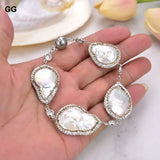 Natural Pearl Keshi Coin Pearl Crystal Chain CZ Paved Pearl Bracelet