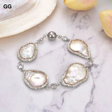 Natural Pearl Keshi Coin Pearl Crystal Chain CZ Paved Pearl Bracelet