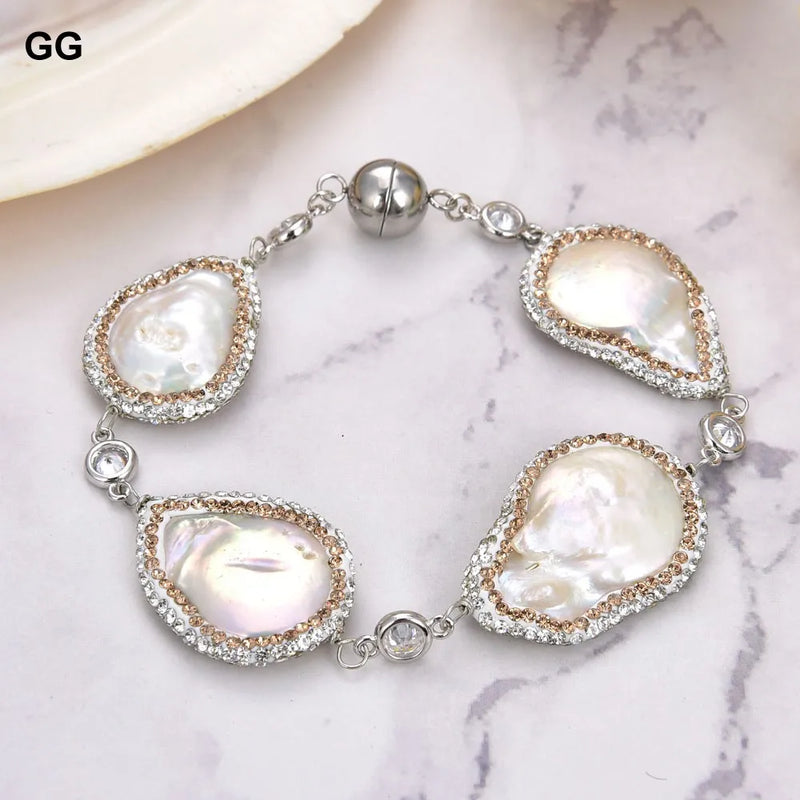 Natural Pearl Keshi Coin Pearl Crystal Chain CZ Paved Pearl Bracelet