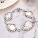 Natural Pearl Keshi Coin Pearl Crystal Chain CZ Paved Pearl Bracelet