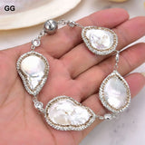 Natural Pearl Keshi Coin Pearl Crystal Chain CZ Paved Pearl Bracelet
