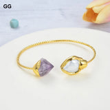 Keshi Pearl Amethyst Bangle Bracelet 24K Yellow Plated