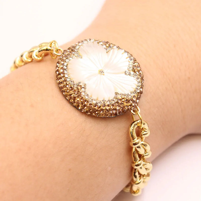 Natural Sea Shell Carved Flower Copper Chain Bracelet