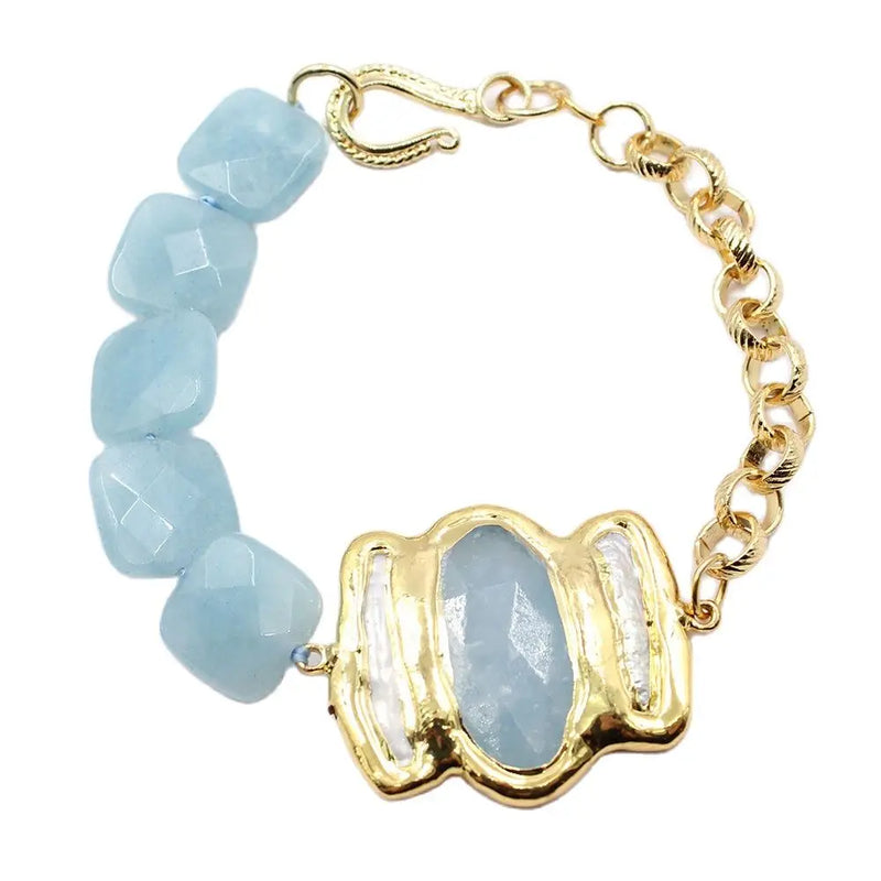 Aquamarine Jades Cultured Pearl Biwa Pearl Chain Bracelet