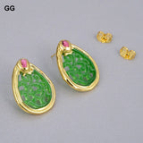 Teardrop Green Jades Carved Fuchsia Crystal Stud Earrings