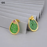 Teardrop Green Jades Carved Fuchsia Crystal Stud Earrings
