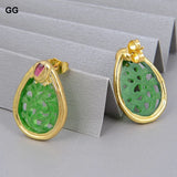 Teardrop Green Jades Carved Fuchsia Crystal Stud Earrings