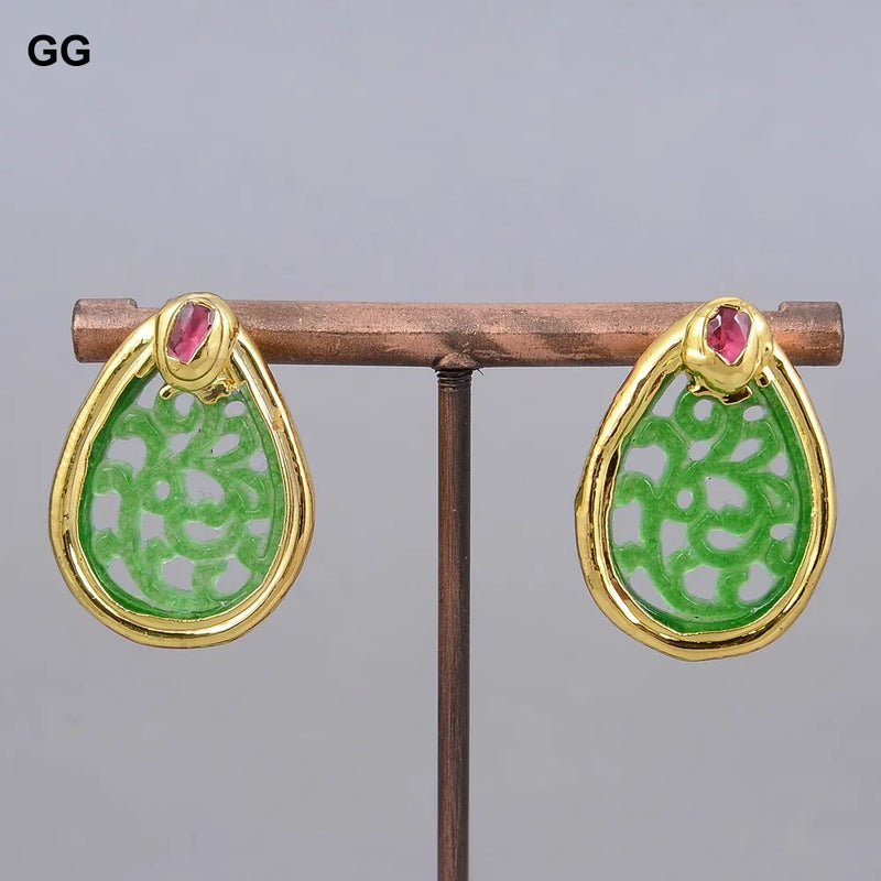 Teardrop Green Jades Carved Fuchsia Crystal Stud Earrings