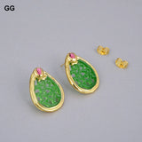 Teardrop Green Jades Carved Fuchsia Crystal Stud Earrings