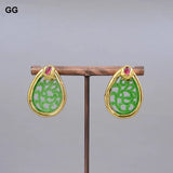 Teardrop Green Jades Carved Fuchsia Crystal Stud Earrings