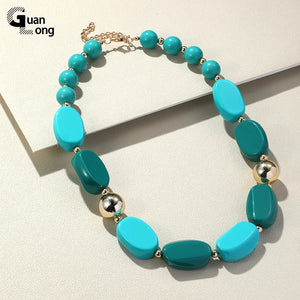 Colorful Beaded Chain Necklace Resin Pendant Vintage Chocker Jewelry
