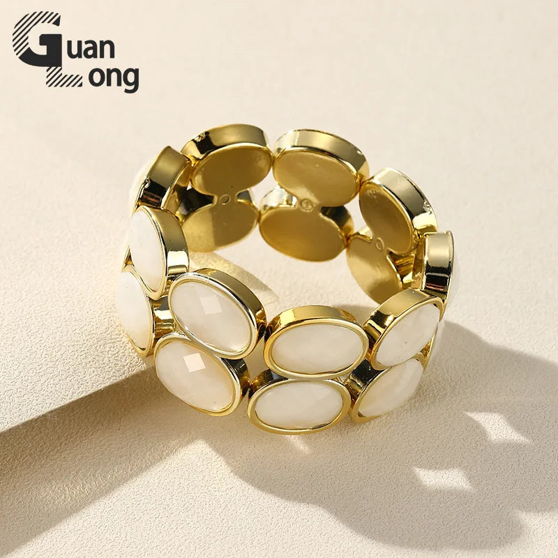 Vintage Resin Double-Chain Bracelets Elastic Charm Wide Bangle