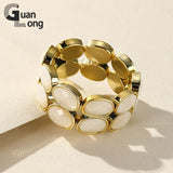 Vintage Resin Double-Chain Bracelets Elastic Charm Wide Bangle