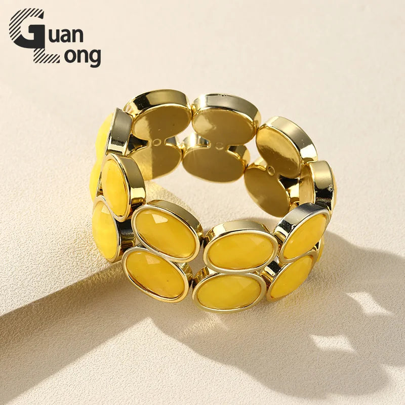 Vintage Resin Double-Chain Bracelets Elastic Charm Wide Bangle