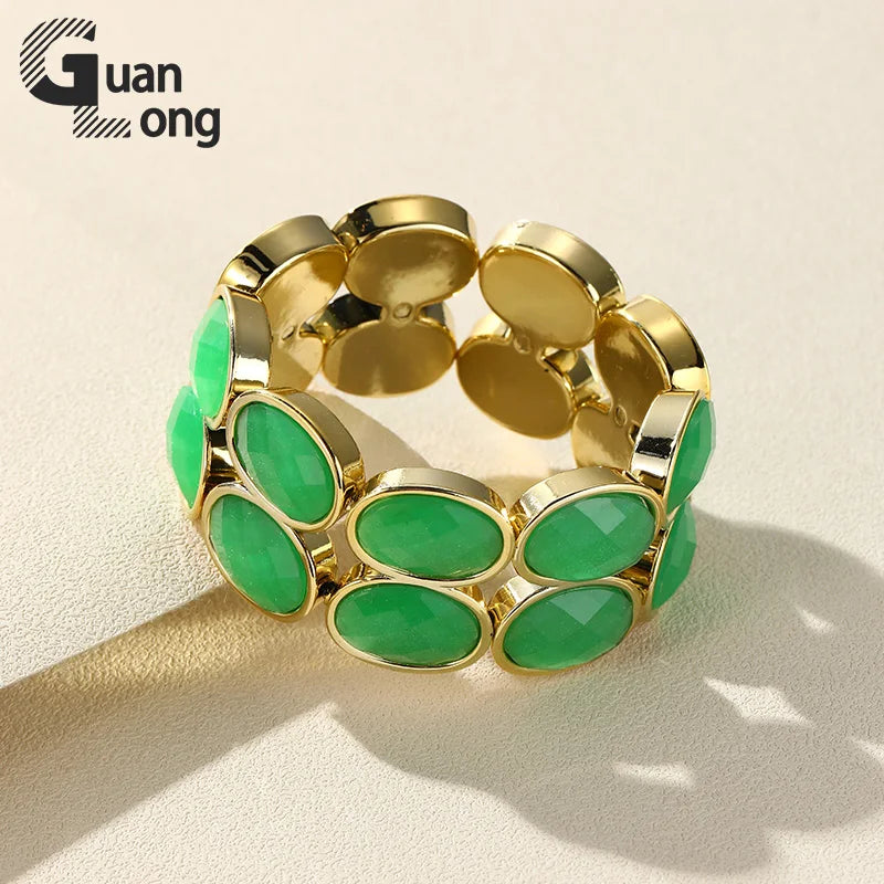 Vintage Resin Double-Chain Bracelets Elastic Charm Wide Bangle