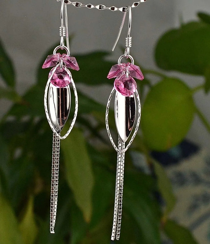 925 Sterling Silver Crystal Leaf Earrings 60mm Pink
