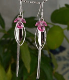 925 Sterling Silver Crystal Leaf Earrings 60mm Pink