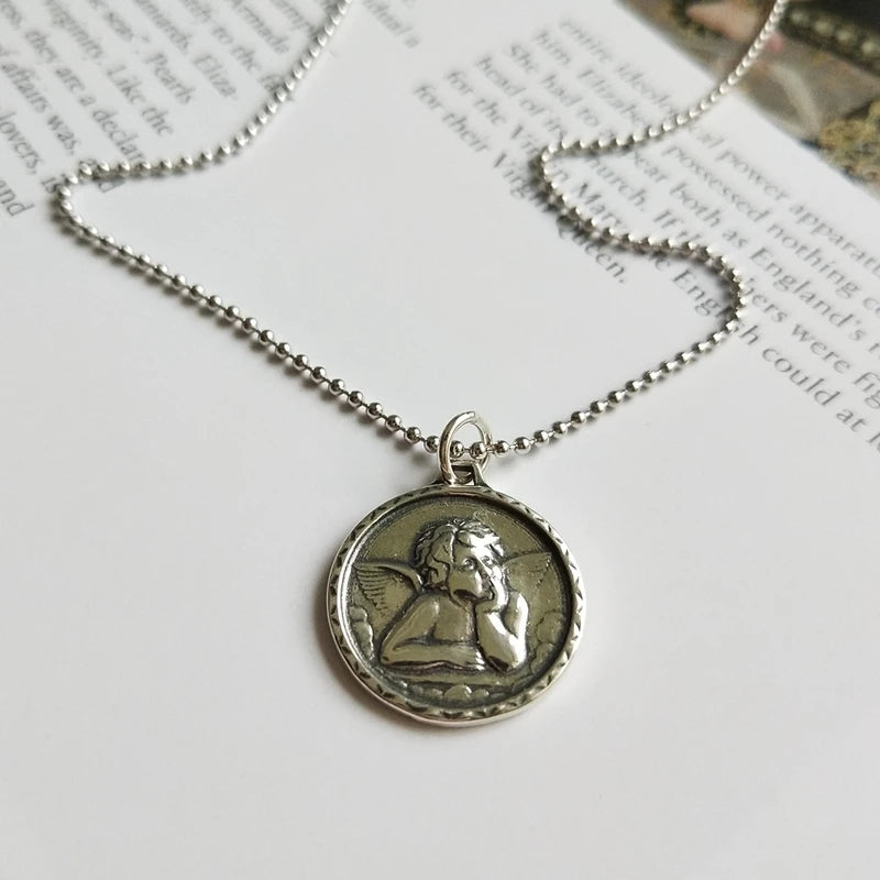 Guardian Angel Pendant 925 Sterling Silver Vintage Necklace