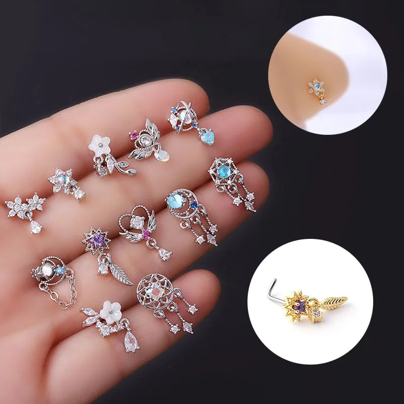 Colorful Zircon Pendant Nose Nail 20G Titanium Steel L Rod Nose Piercing