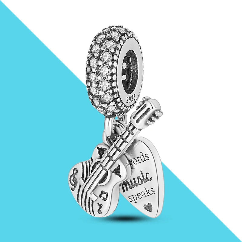 Guitar Heart Dangle Charms 925 Silver Bracelet DIY