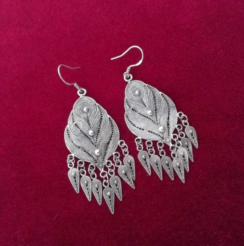 Miao Silver Filigree Flower Tassel Earrings Ethnic Style Jewelry