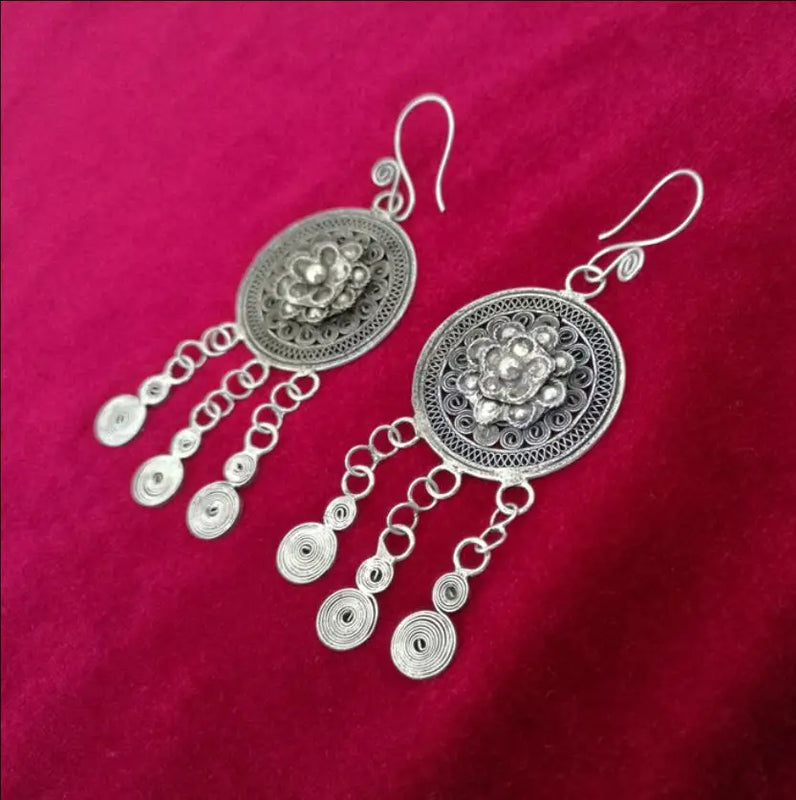 Miao Silver Round Earrings Women's Small Jewelry Drum Flower Tassel Earr