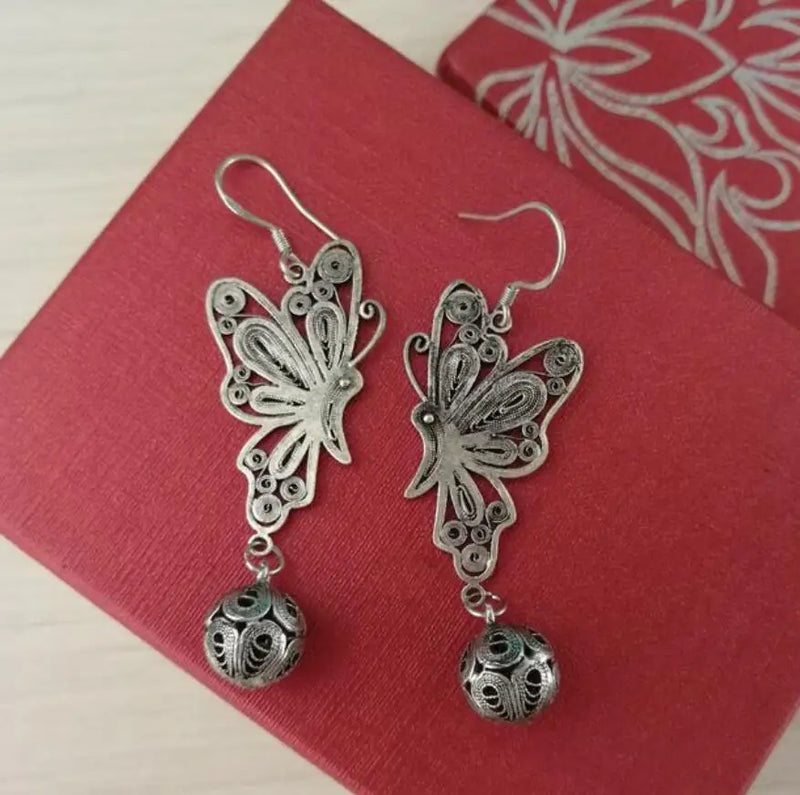 Vintage Miao Silver Earrings Butterfly Ball