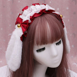 H9ED Lace Bowknot Headband Sweet Bunny Ear Bell Hair Hoop with Tail