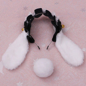 H9ED Lace Bowknot Headband Sweet Bunny Ear Bell Hair Hoop with Tail