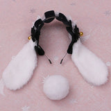 H9ED Lace Bowknot Headband Sweet Bunny Ear Bell Hair Hoop with Tail