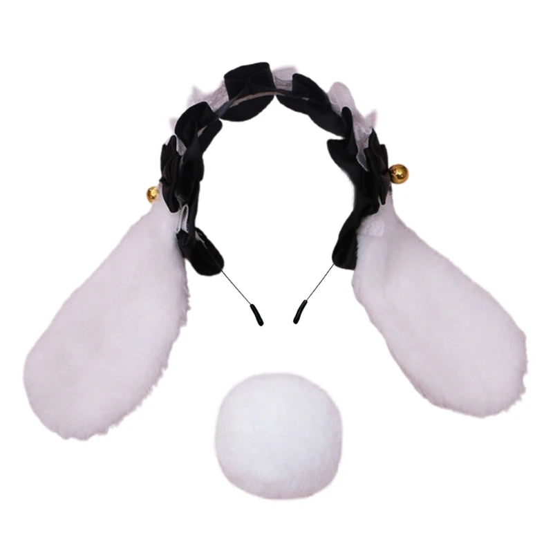 H9ED Lace Bowknot Headband Sweet Bunny Ear Bell Hair Hoop with Tail