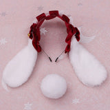 H9ED Lace Bowknot Headband Sweet Bunny Ear Bell Hair Hoop with Tail