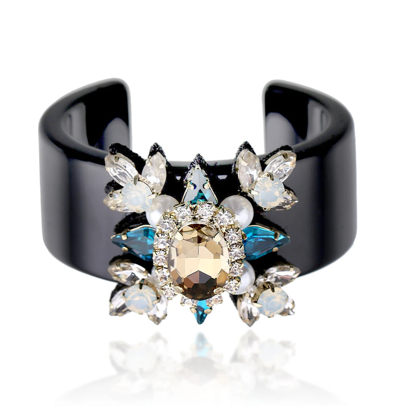 Resin Bangle Cuff Bracelet Crystal Beaded Flower Statement Jewelry