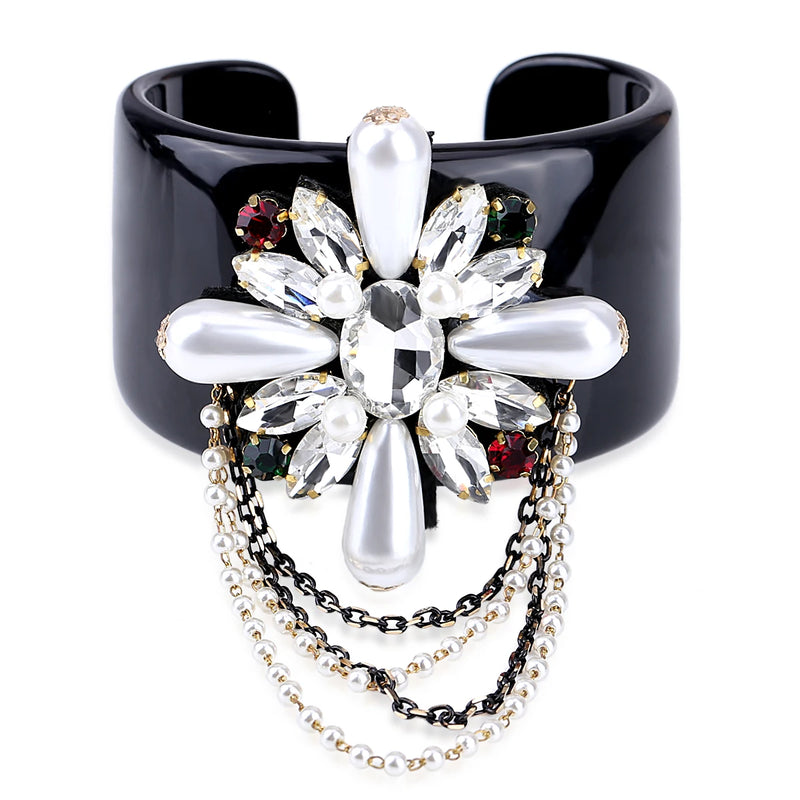 Crystal Flower Resin Bangle Cuff Bracelet Statement Jewelry