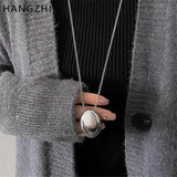 Oval Metal Necklace for Women Long Sweater Chain Charm Jewelry