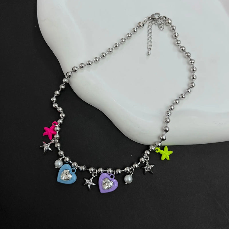 Vintage Pearl Dial Zircon Necklace Y2K Star Choker Party Jewelry