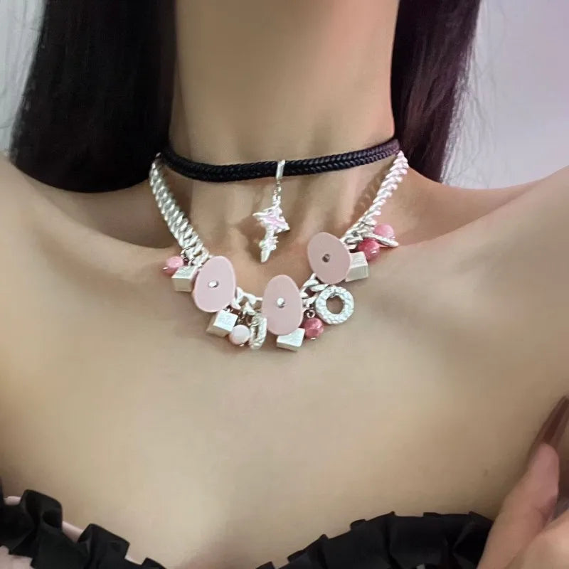 Vintage Pearl Dial Zircon Necklace Y2K Star Choker Party Jewelry