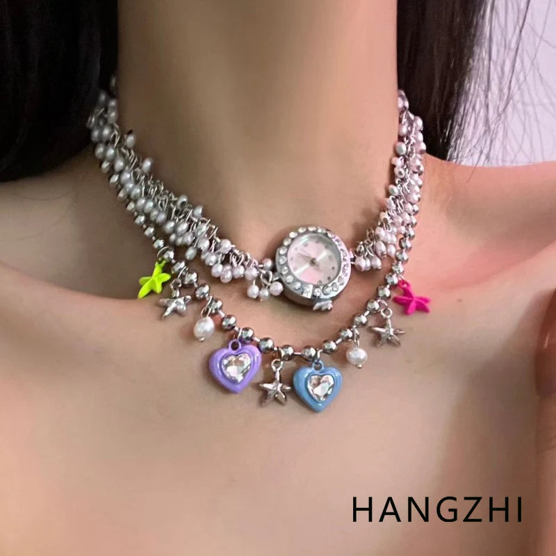 Vintage Pearl Dial Zircon Necklace Y2K Star Choker Party Jewelry