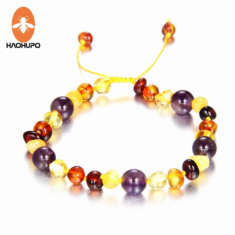 Multicolor Amber Bracelet with Natural Amethyst Braided Bracelets