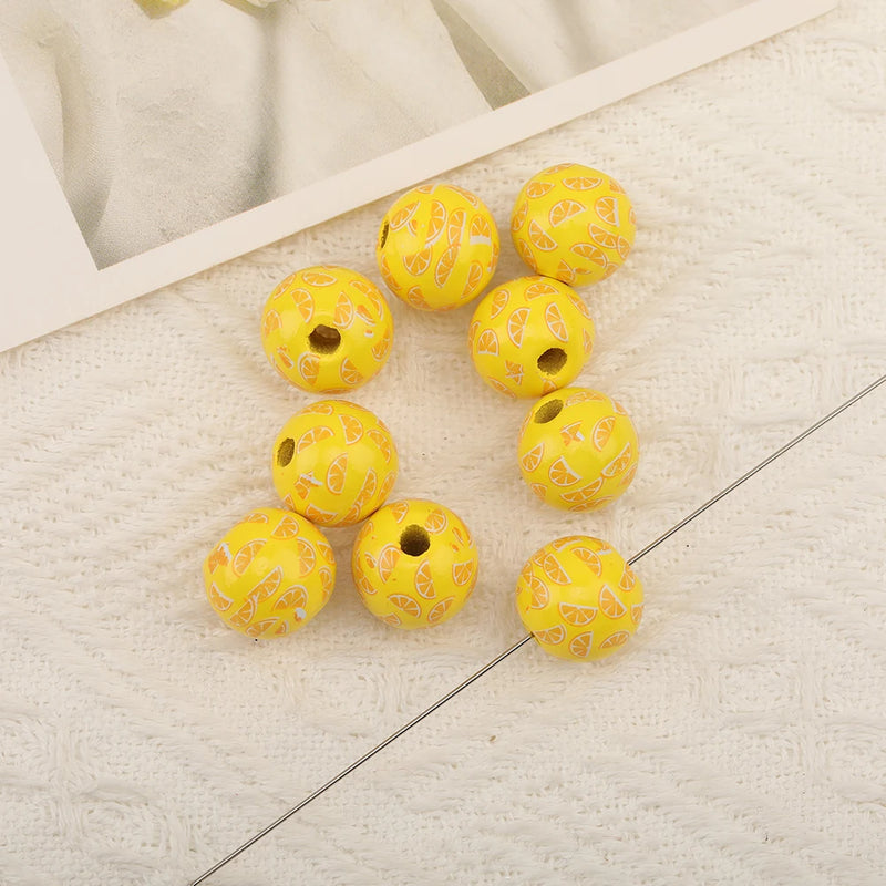 10Pcs 16MM Wood Plant Printed Beads for DIY Jewelry Making