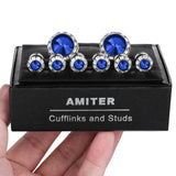 8 pcs Rhodium Crystal Cufflinks Tuxedo Studs Set Mens Wedding Shirt
