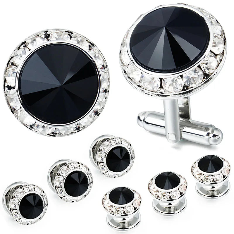 8 pcs Rhodium Crystal Cufflinks Tuxedo Studs Set Mens Wedding Shirt