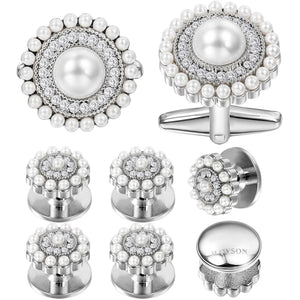 Pearl&Crystal Cufflinks Studs Set for Men&Woment Tuxedo Shirt Engraved LOGO
