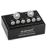 Pearl&Crystal Cufflinks Studs Set for Men&Woment Tuxedo Shirt Engraved LOGO